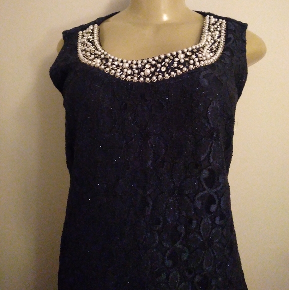 R&M Collection. New navy blue laced lined dress with tiny sparkles. Size: 8 - Picture 7 of 10